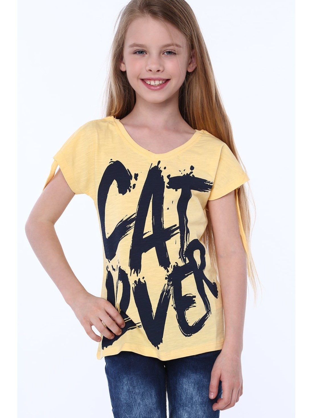 Girls\' blouse with short sleeves and an inscription, yellow NDZ81690 - Online store - Boutique